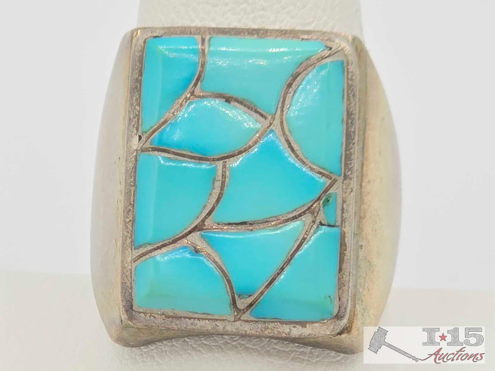 Sterling Silver Cuff Bracelets, Pendants, Buttons and Ring with Turquoise, 143.58g
