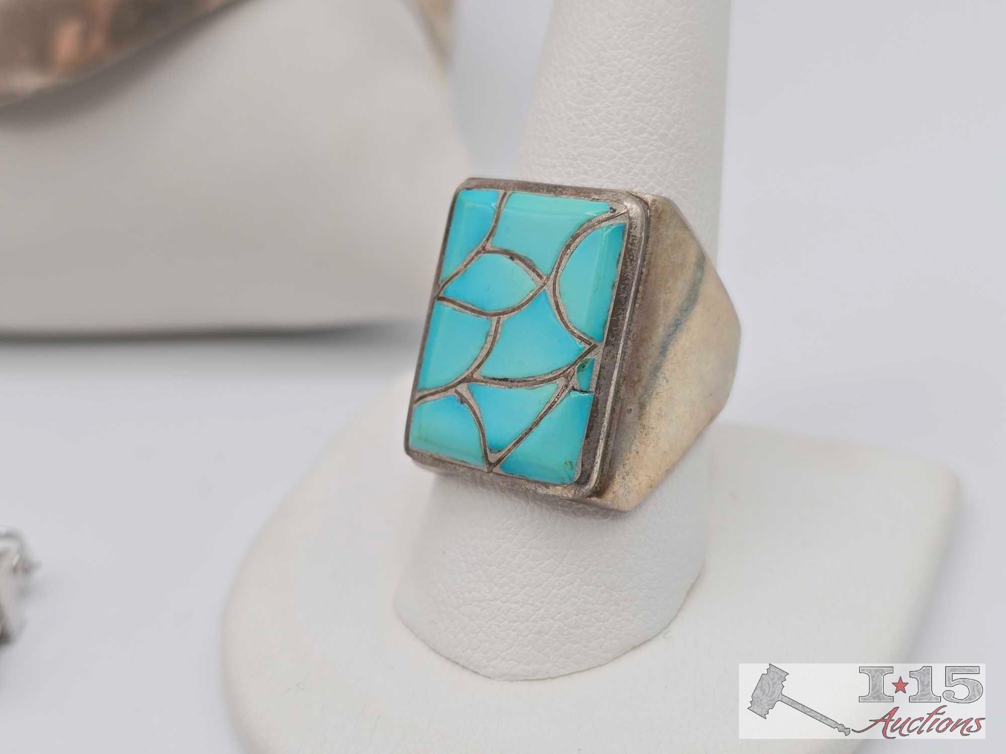 Sterling Silver Cuff Bracelets, Pendants, Buttons and Ring with Turquoise, 143.58g