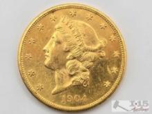 1904 $20 Liberty Head Double Eagle Gold Coin, 1oz