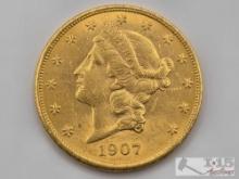 1907 $20 Liberty Head Double Eagle Gold Coin, 1oz