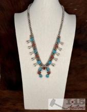 Native American Sterling Silver Turquoise & Coral Squash Blossom Necklace, 68g