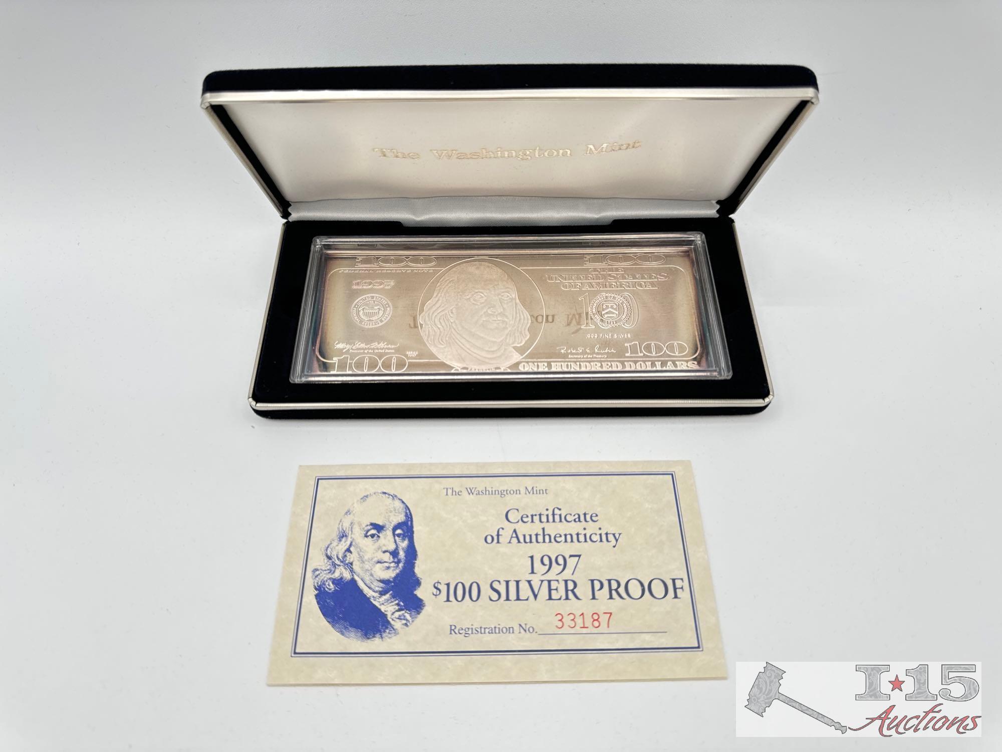 1997 $100 .999 Pure Silver Bar, 4ozt