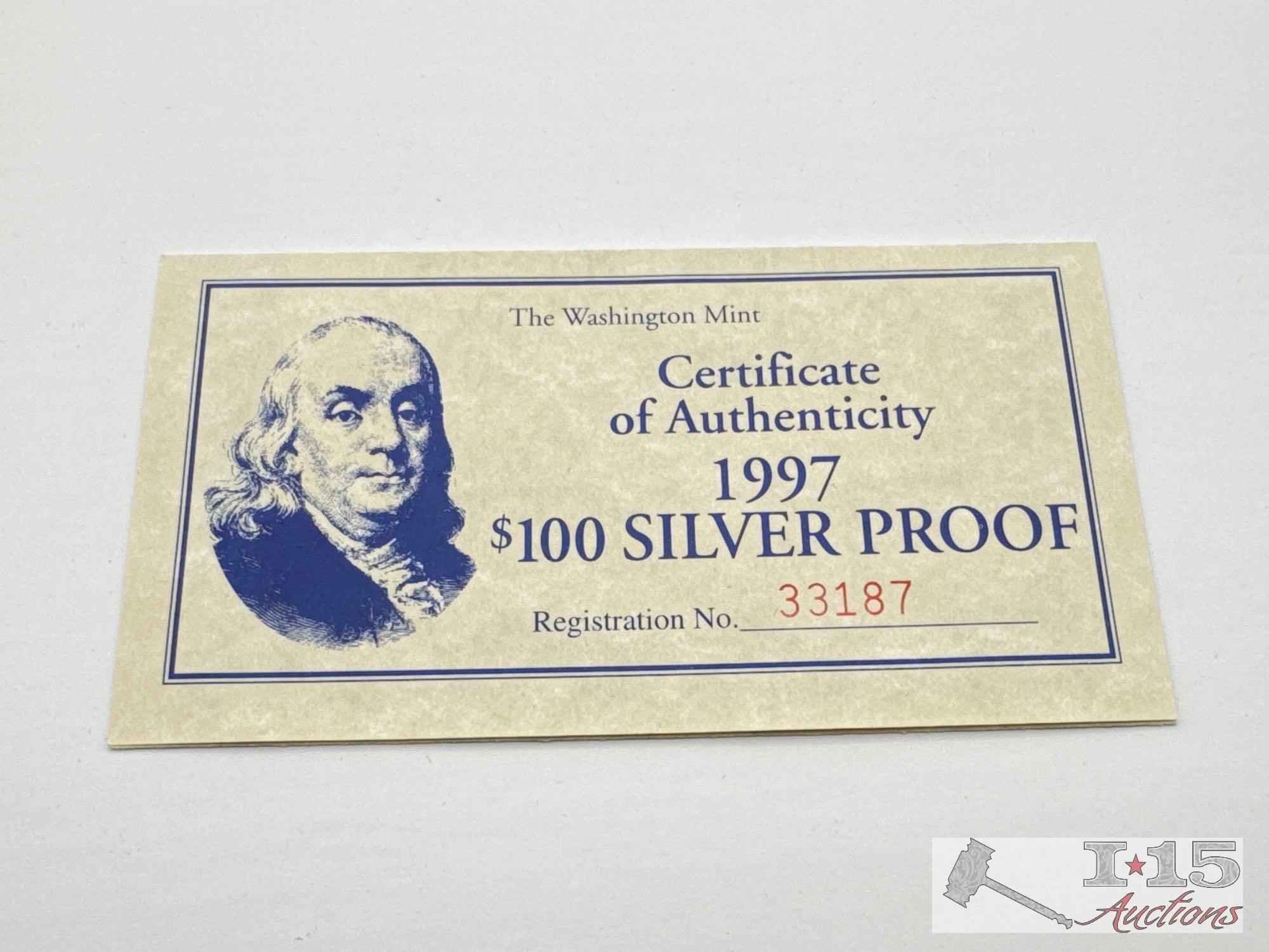 1997 $100 .999 Pure Silver Bar, 4ozt