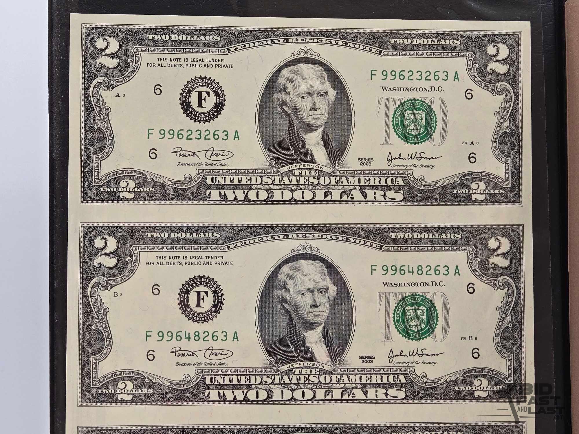 (4) 2003 $2 Green Seal Uncut U.S. Bills
