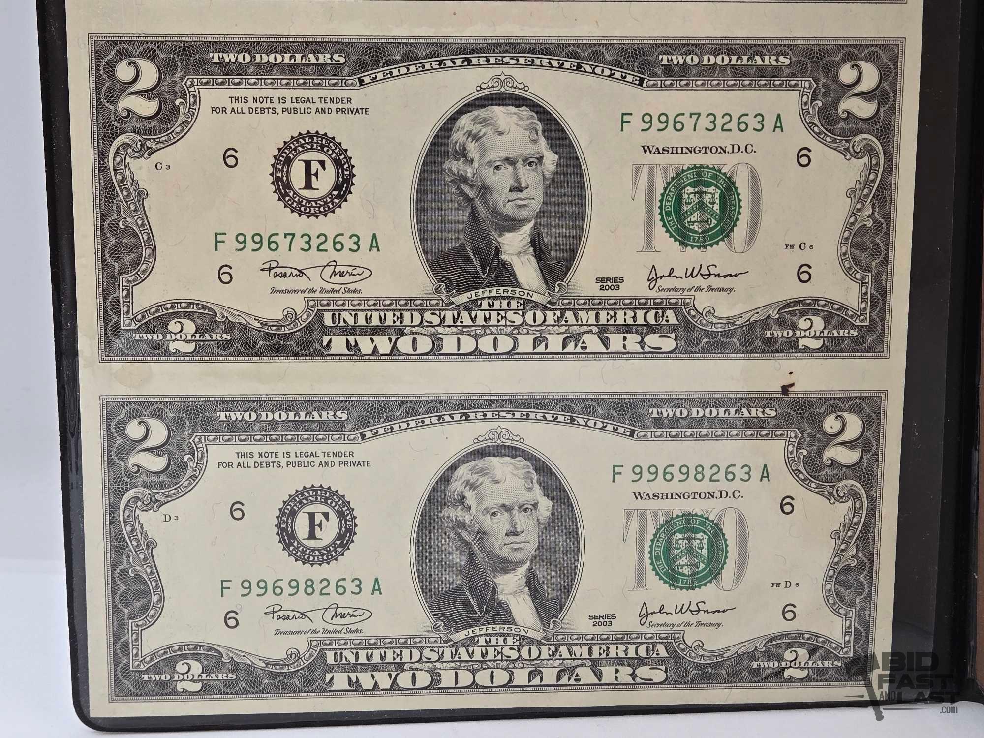 (4) 2003 $2 Green Seal Uncut U.S. Bills