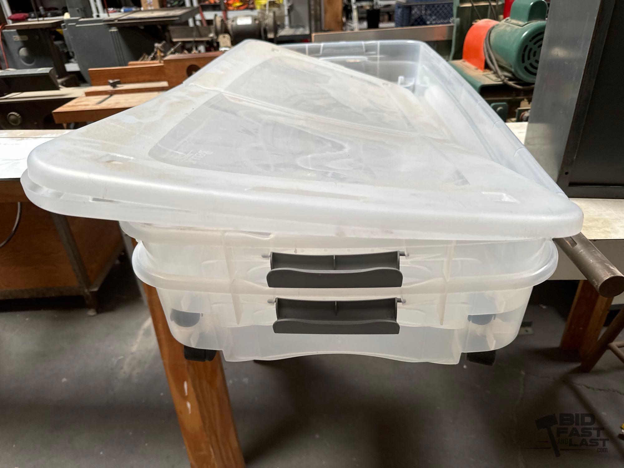 Table, Totes, Metal Tubes and Metal Box