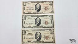 (3) 1929 $10 Red Seal Dollar Banknote