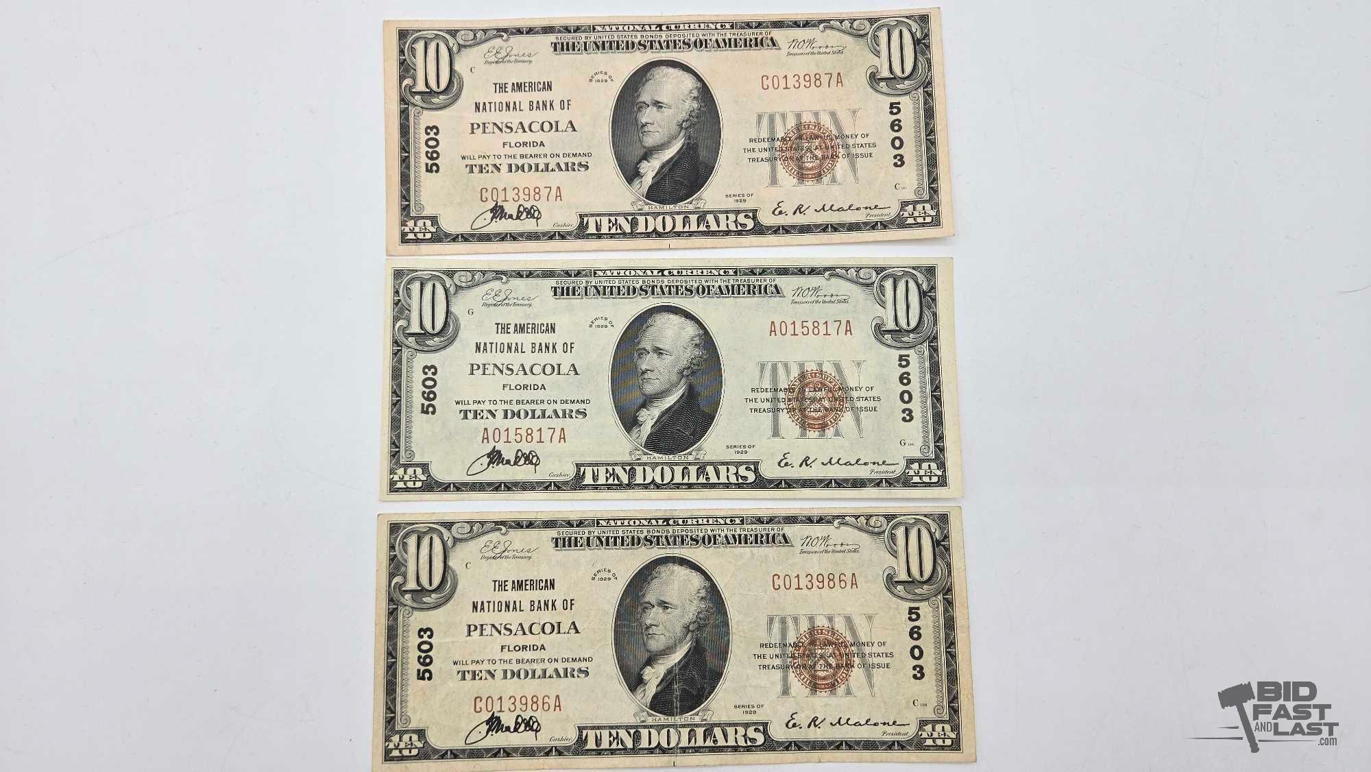 (3) 1929 $10 Red Seal Dollar Banknote