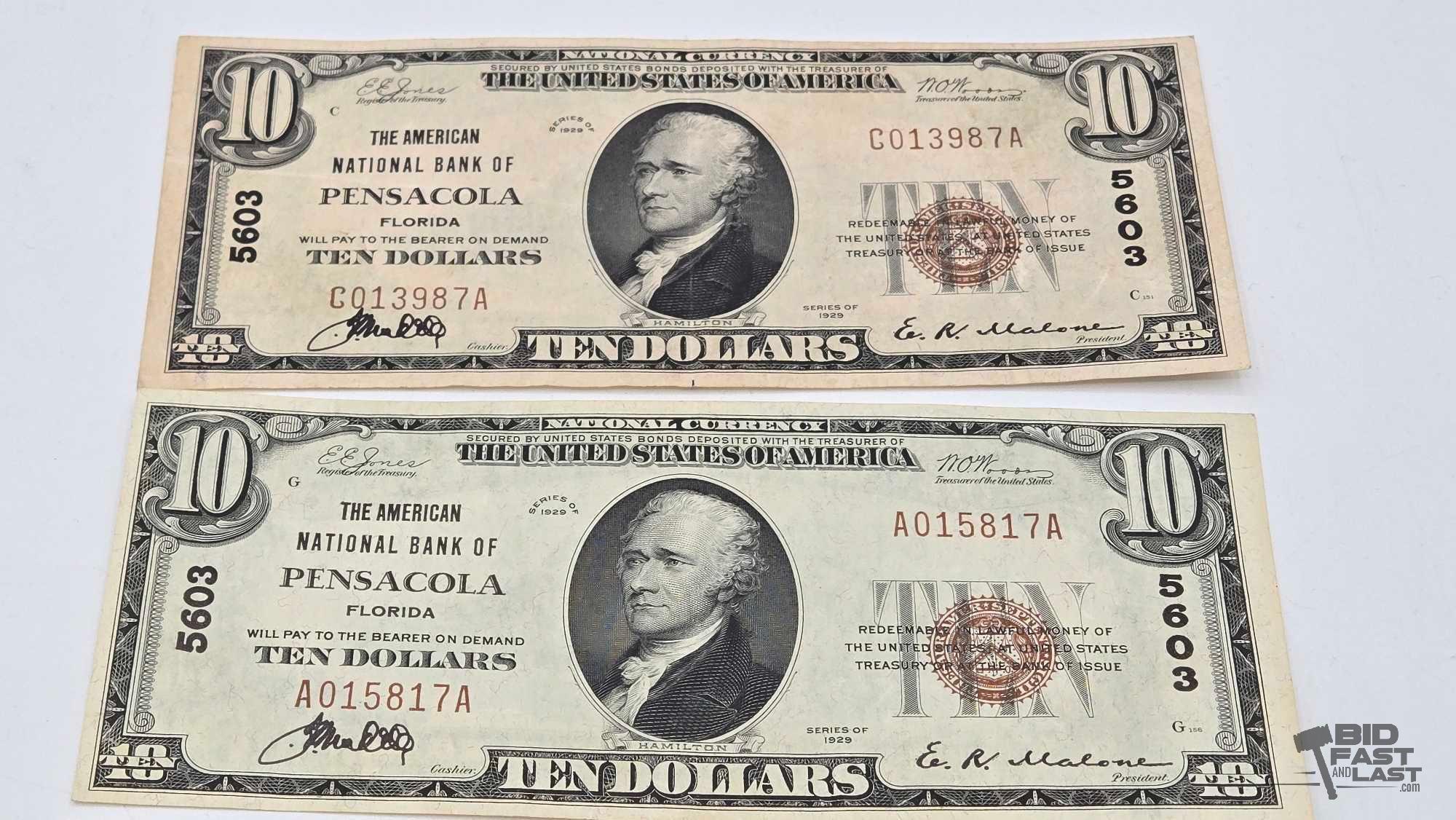 (3) 1929 $10 Red Seal Dollar Banknote