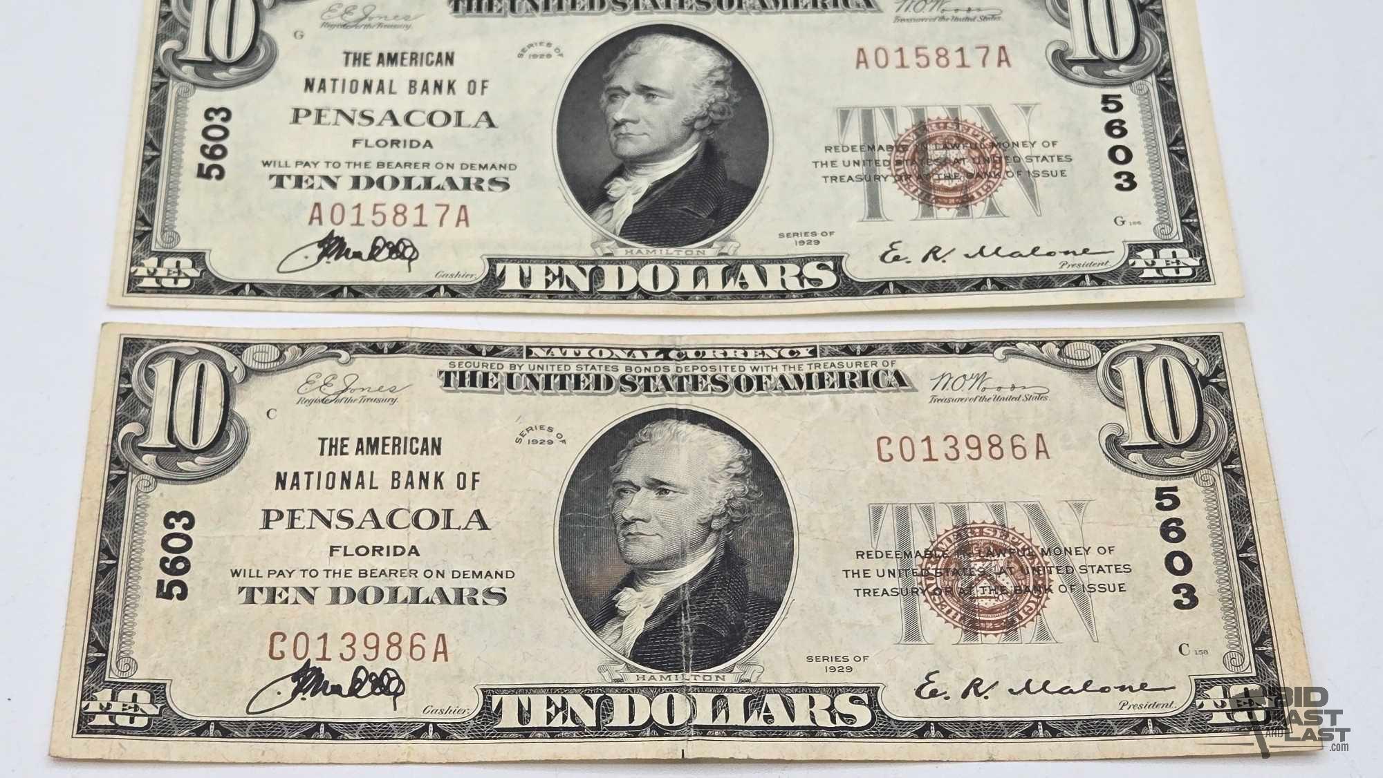 (3) 1929 $10 Red Seal Dollar Banknote