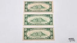 (3) 1929 $10 Red Seal Dollar Banknote