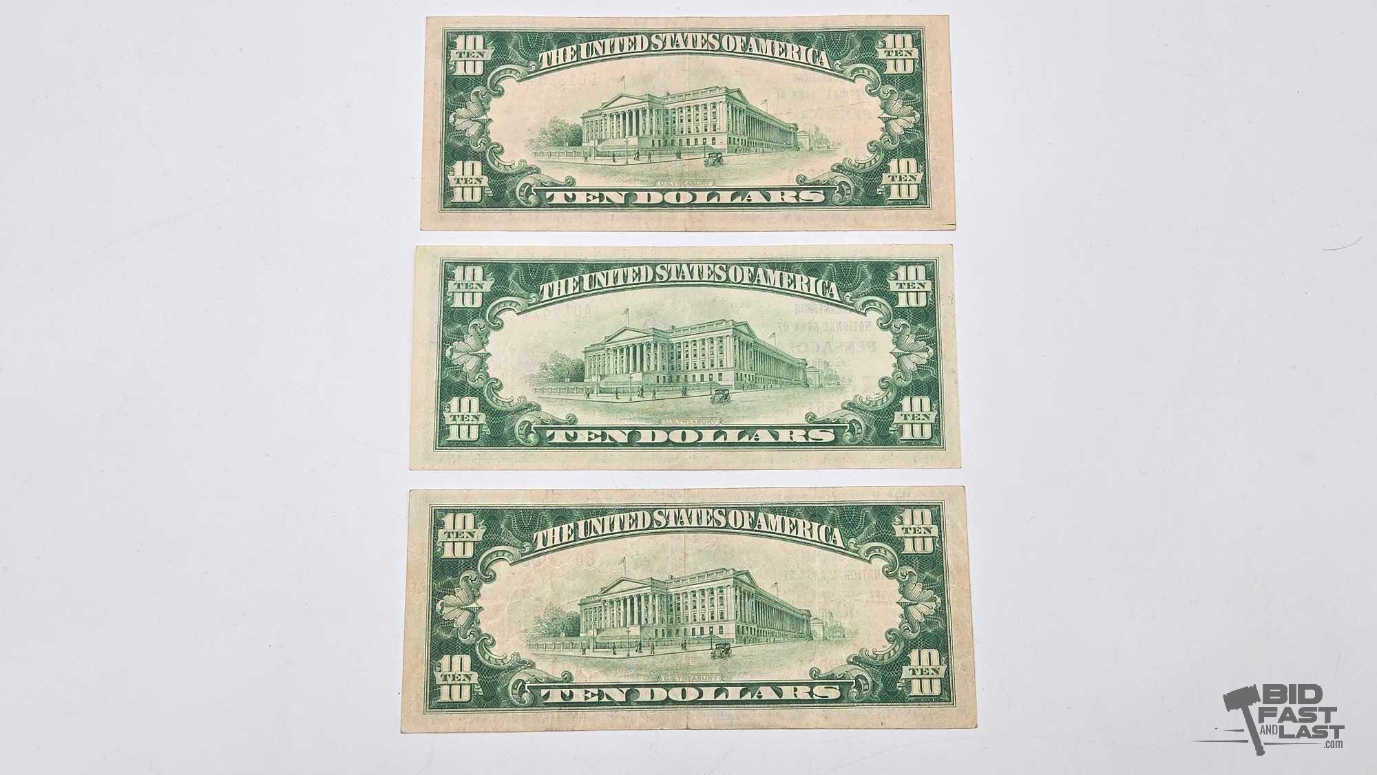(3) 1929 $10 Red Seal Dollar Banknote