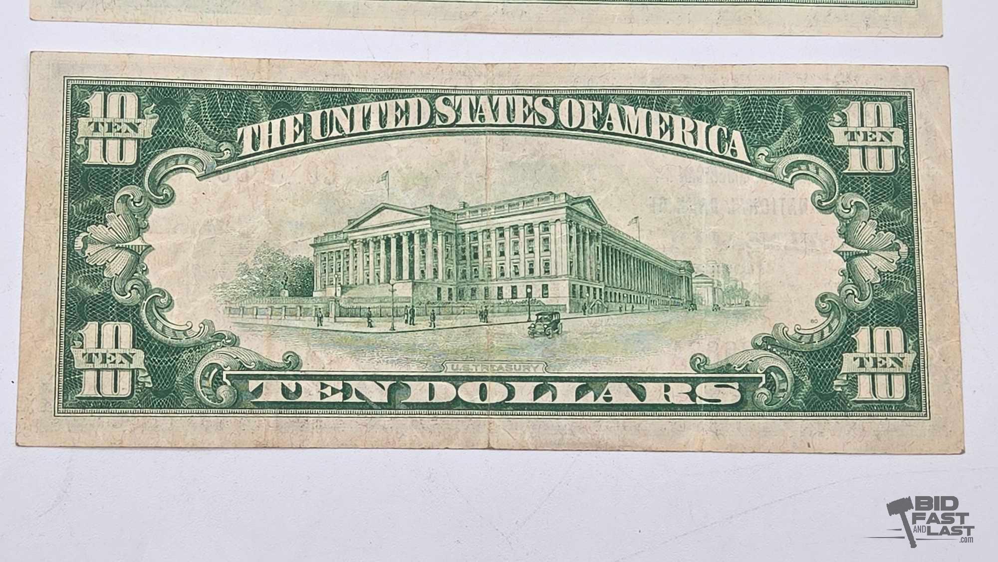 (3) 1929 $10 Red Seal Dollar Banknote