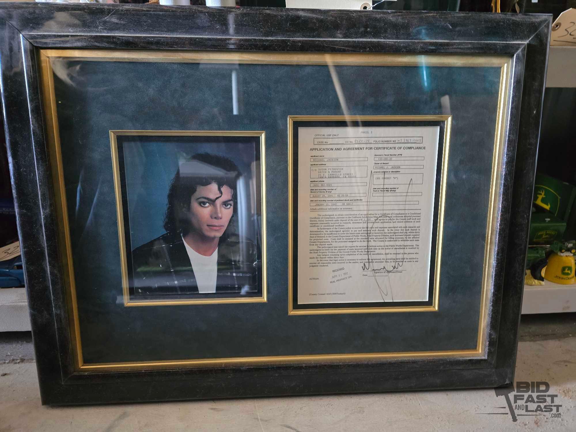 Framed Michael Jackson Photo and Signed Application and Agreement for Certificate of Compliance