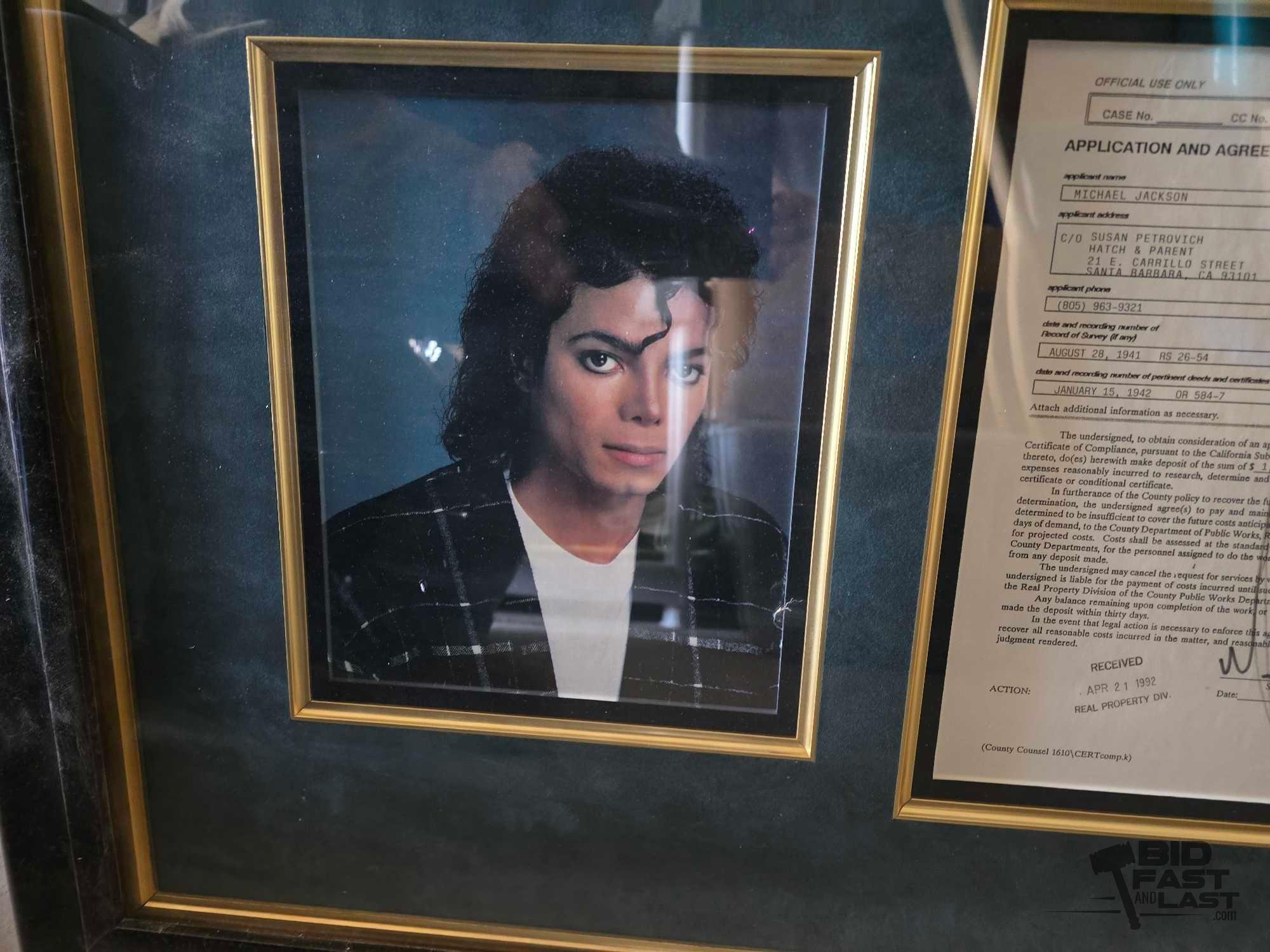 Framed Michael Jackson Photo and Signed Application and Agreement for Certificate of Compliance