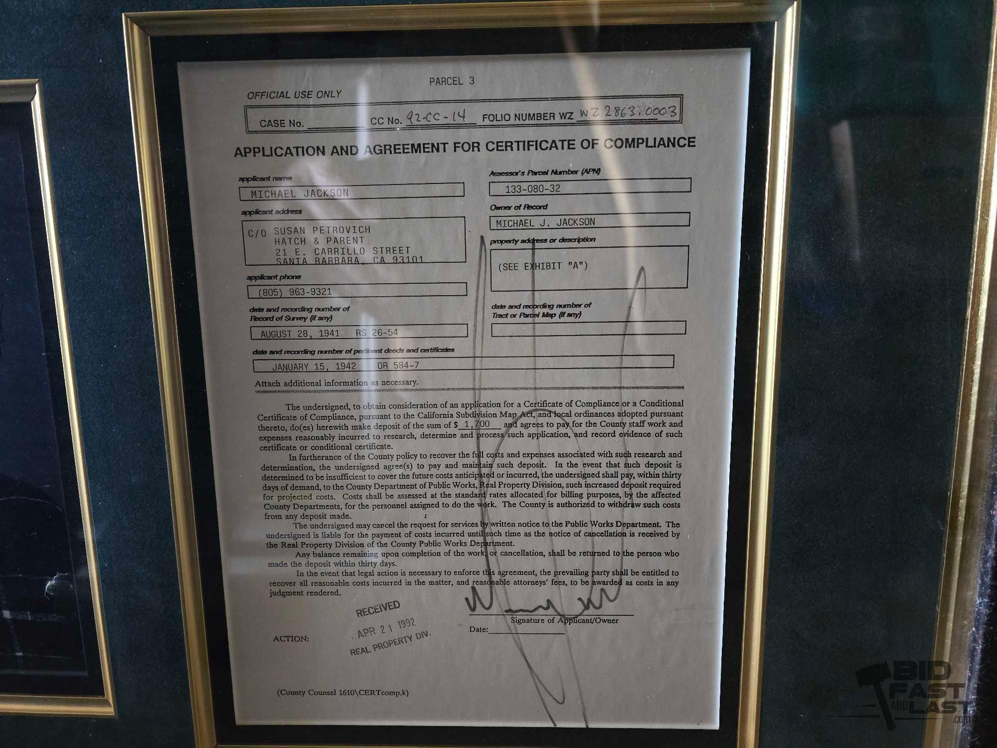 Framed Michael Jackson Photo and Signed Application and Agreement for Certificate of Compliance