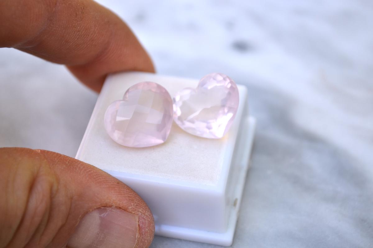 22.78 Carat Near Matched Pair of Heart Shaped Rose Quartz