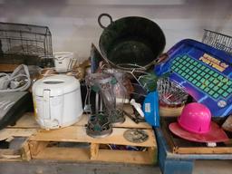 Lot w Household items, Dish Rack, Dishes, Lean Fat Grill (Shelf Not Included)