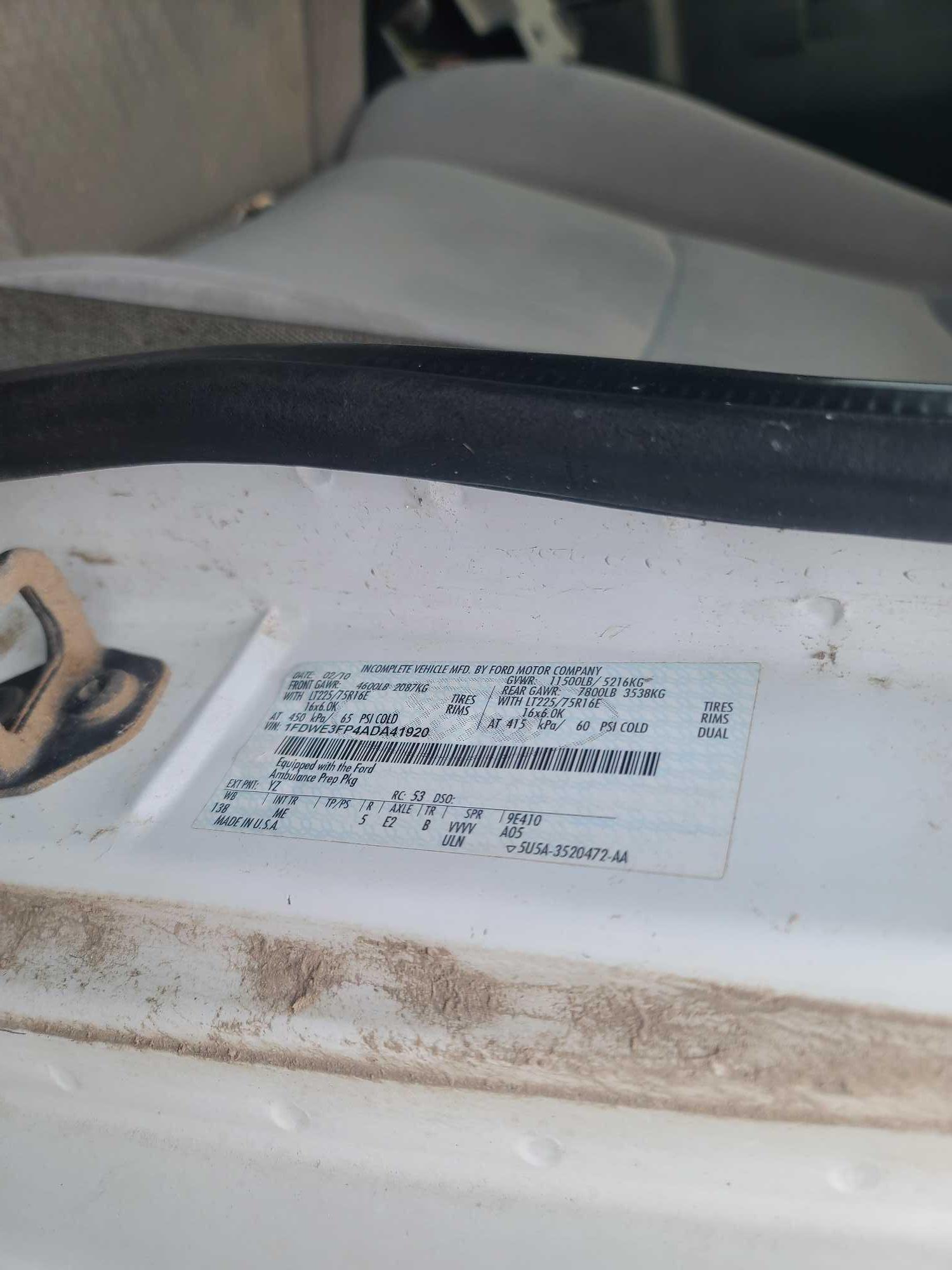 2010 Ford Econoline Van, VIN # 1FDWE3FP4ADA41920 (BILL OF SALE FOR PARTS ONLY NO TITLE)