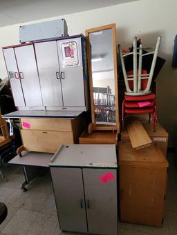 Group of Wooden Cabinets, Desks, (3) Red Small Chairs, Long Mirror, (1) Stool, Misc.