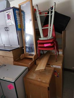 Group of Wooden Cabinets, Desks, (3) Red Small Chairs, Long Mirror, (1) Stool, Misc.