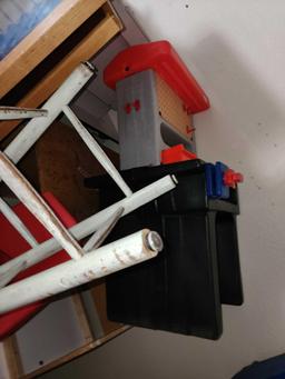 Group of Wooden Cabinets, Desks, (3) Red Small Chairs, Long Mirror, (1) Stool, Misc.