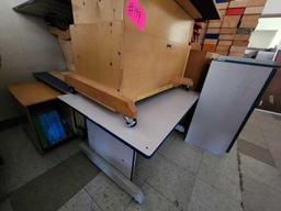 Group of Wooden Cabinets, Desks, (3) Red Small Chairs, Long Mirror, (1) Stool, Misc.