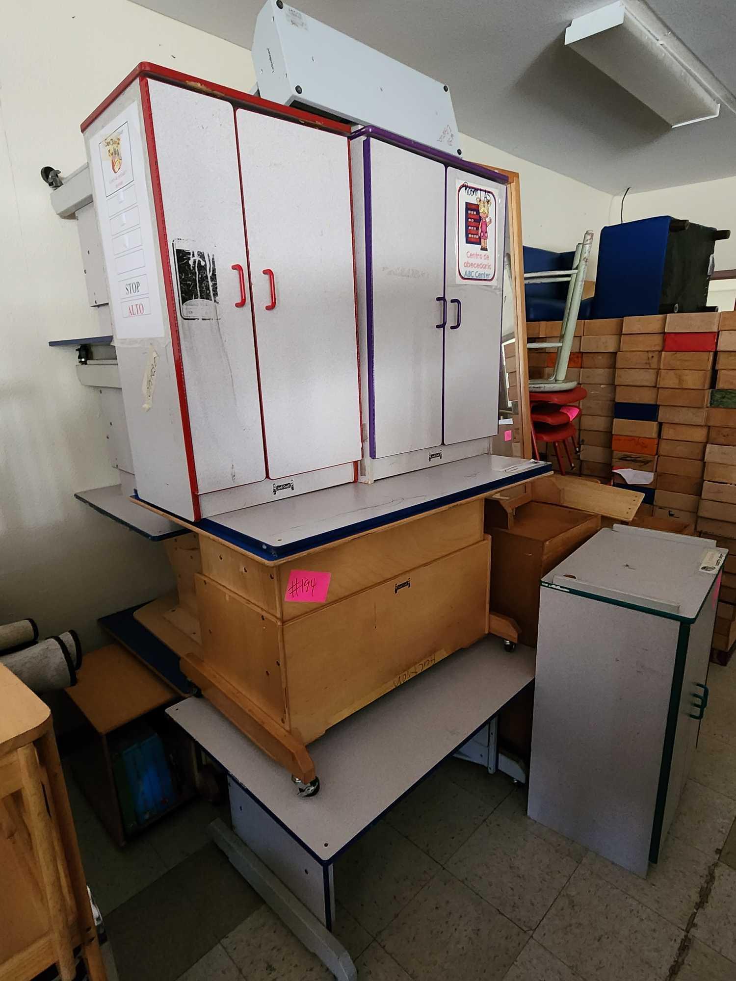 Group of Wooden Cabinets, Desks, (3) Red Small Chairs, Long Mirror, (1) Stool, Misc.