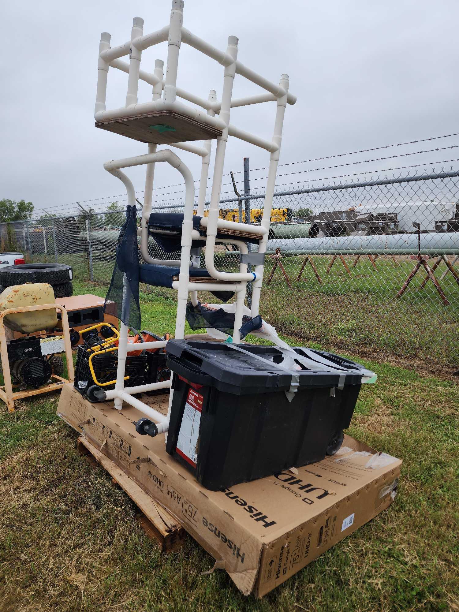 PVC Pipe Chairs, Storage bin, Crates of Various Construction Lights, Plus