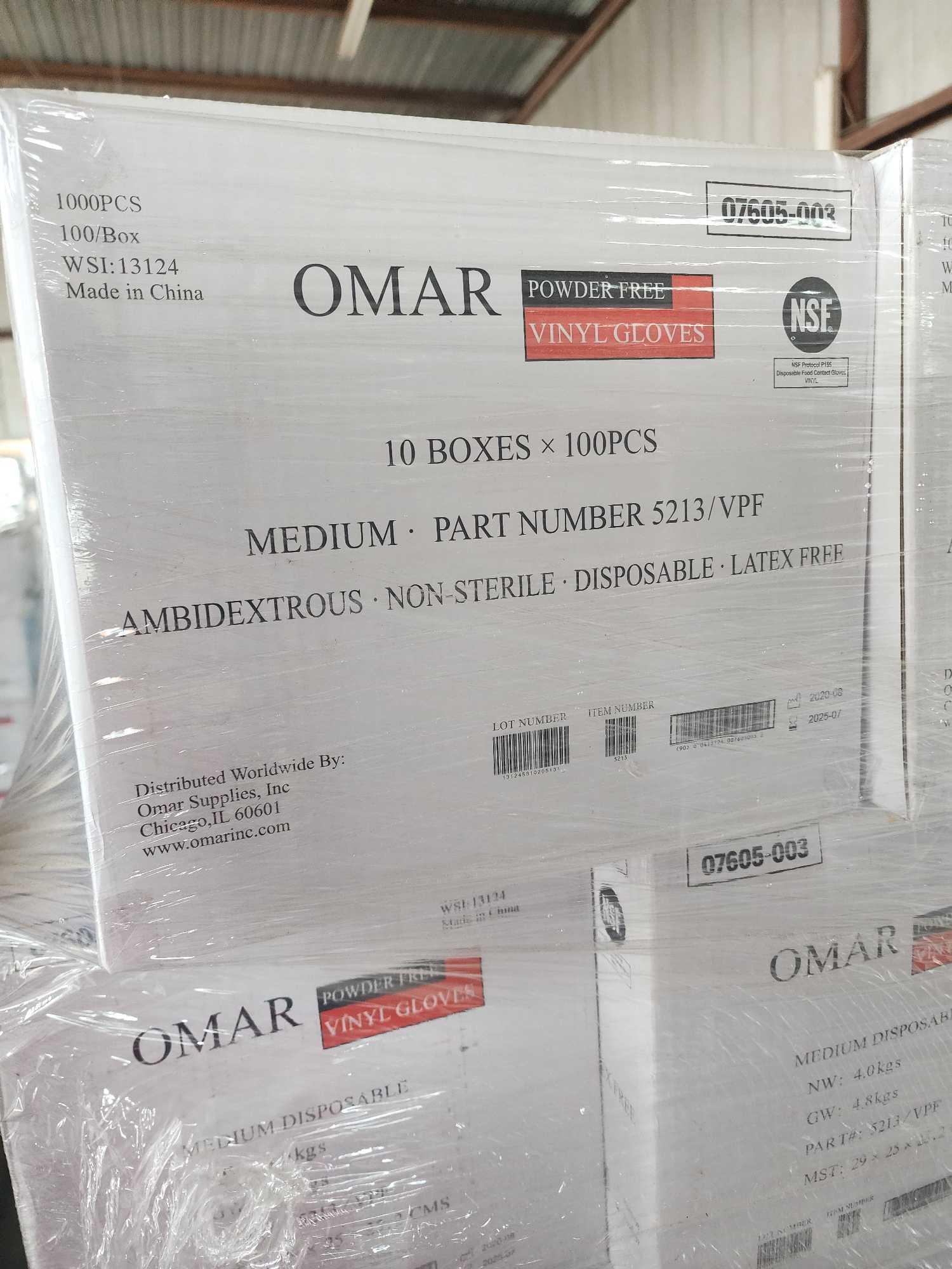 Boxes of Omar Powder-free Vinyl Gloves on 2 Pallets