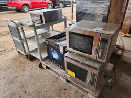 (2) Amana Commercial Microwaves, HP Color LaserJet Printer, (2) Utility Carts, Plus