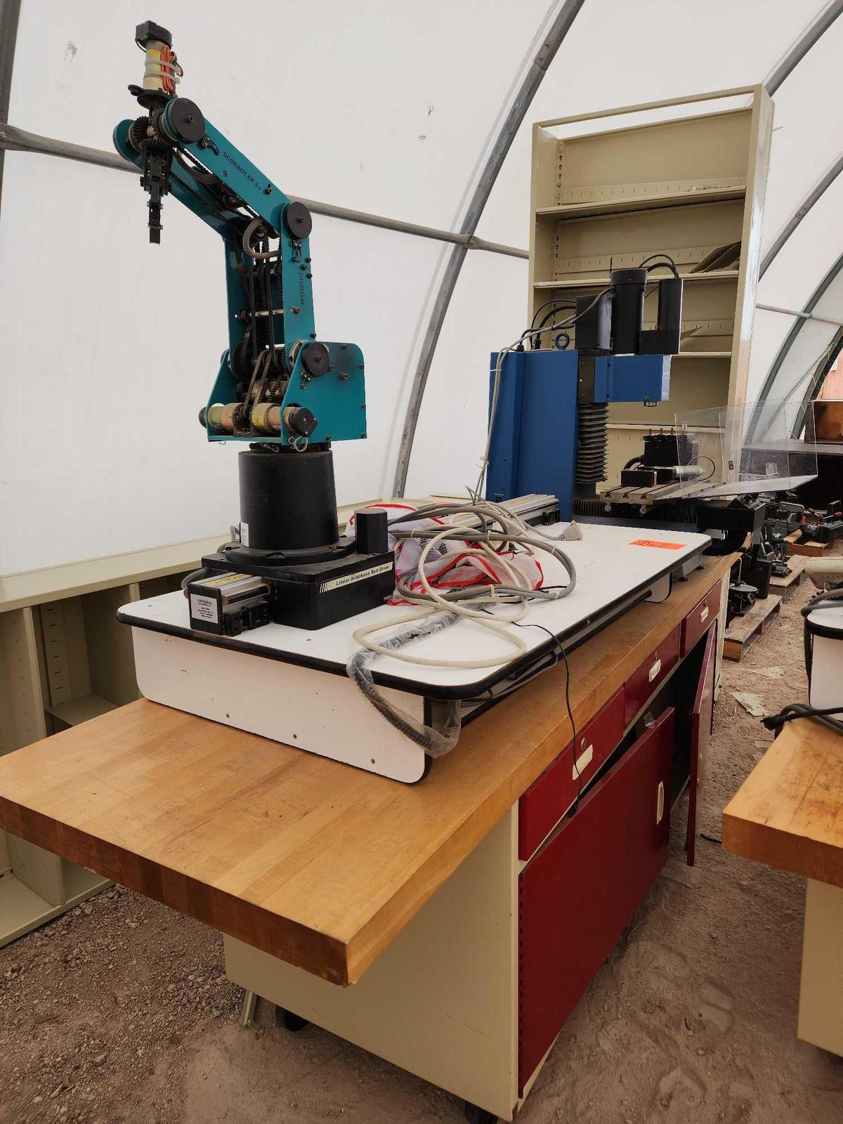 ProLight CNC Benchtop Machine, (2) Metal Book Shelves, Intelitek Scorbot-ER 4U Robot Arm, Plus
