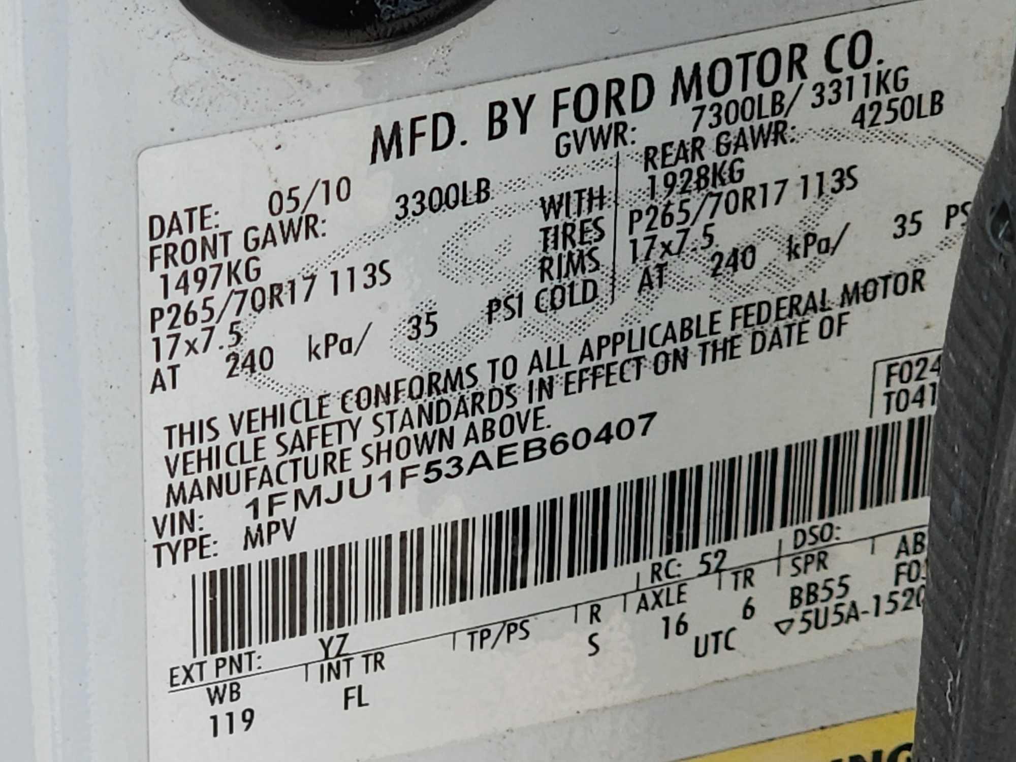 2010 Ford Expedition Multipurpose Vehicle (MPV), VIN # 1FMJU1F53AEB60407