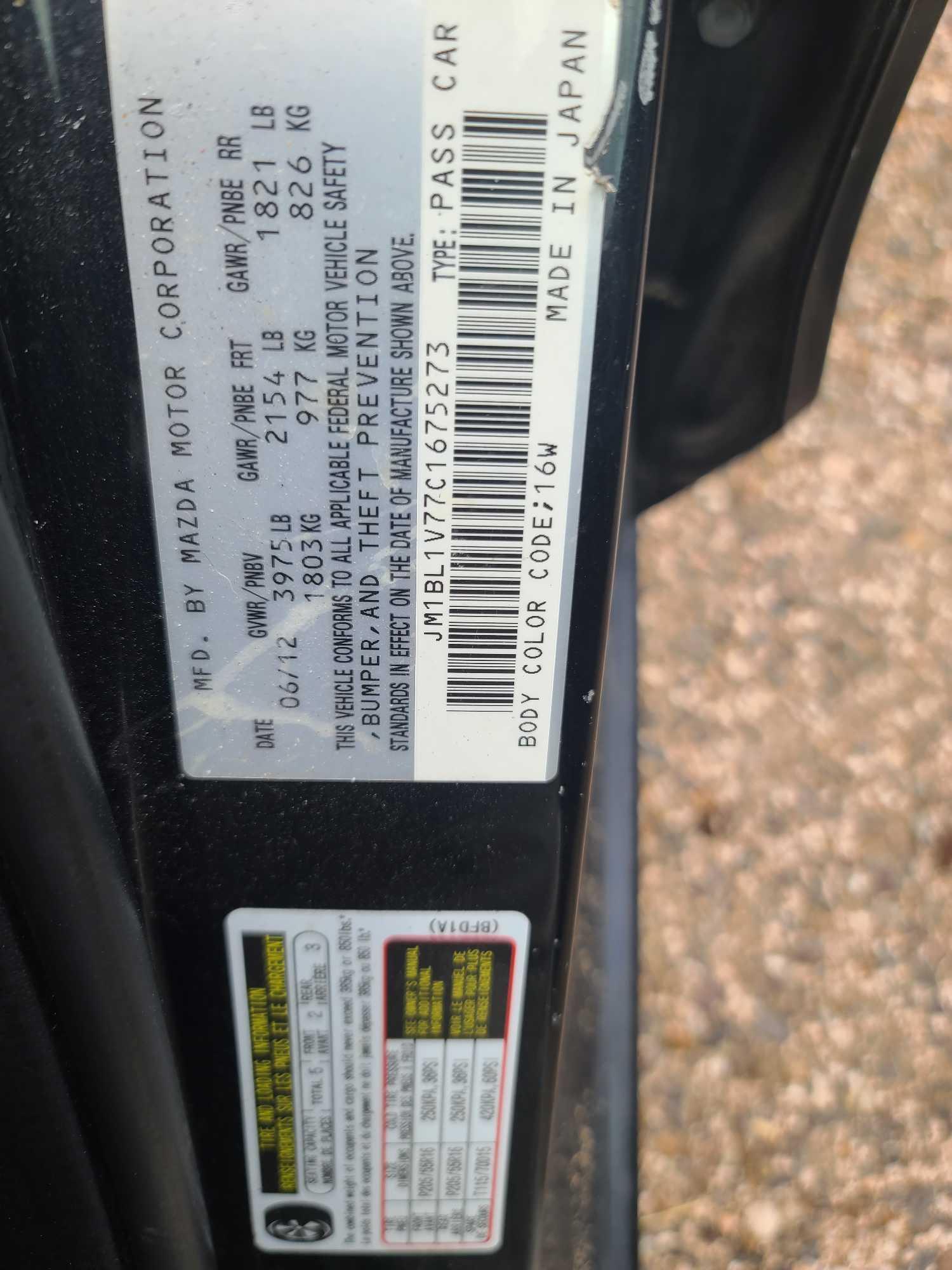 2012 Mazda Mazda3 Passenger Car, VIN # JM1BL1V77C1675273