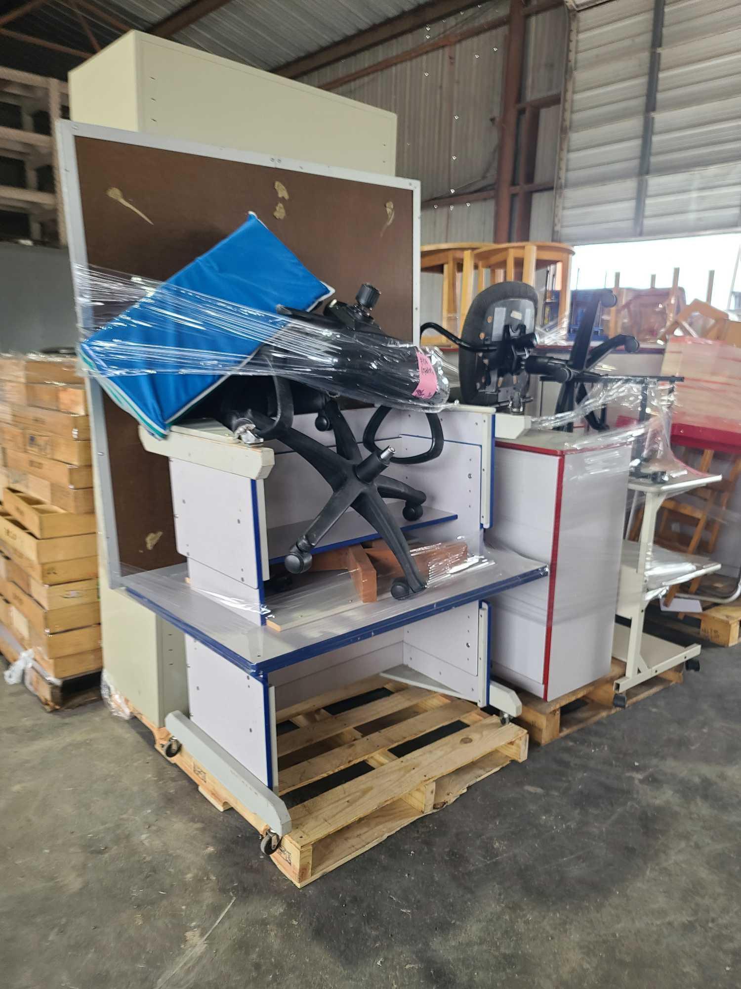 (2) Pallets w/ (3) Cabinets, (1) Bulletin Board, (1) White Board,etc.