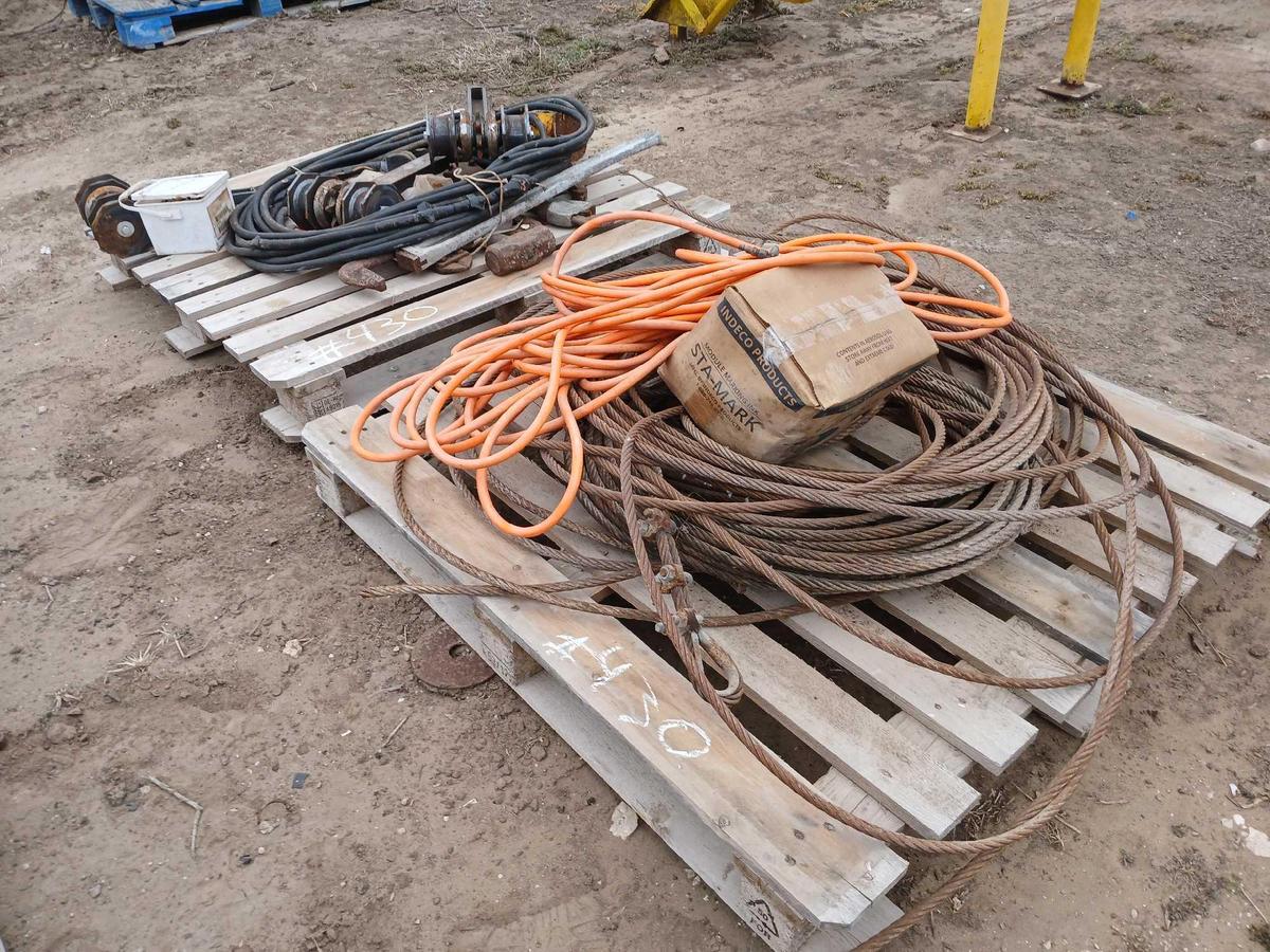 (2) Pallets w/ Air Hose, Guide Wire Cable, Copper Lines, (3) Pipe Wrenches, Sledge Hammer, etc.
