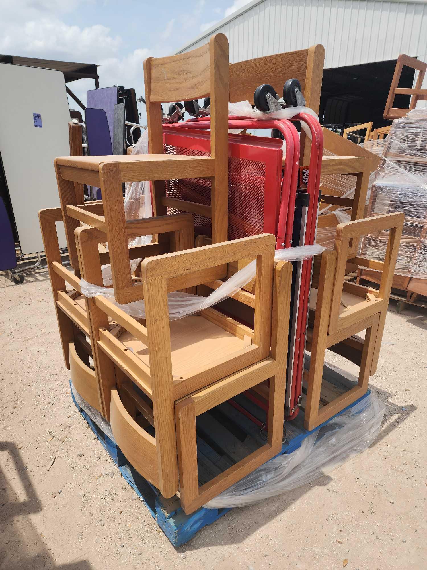 Pallet w/ Wood Chairs, (2) Platform Dollies