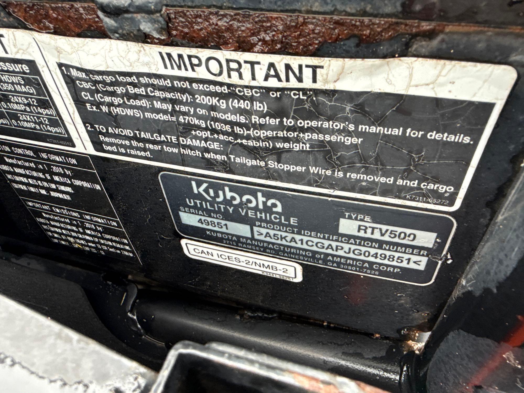 Kubota RTV500 ATV, P.I.N.#A5KA1CGAPJG049851