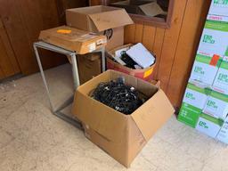 Group of Boxes w/ Laptop Chargers, HDMI Cables, (1) CradlePoint Router, (1) Fujitsu Scanner, etc.