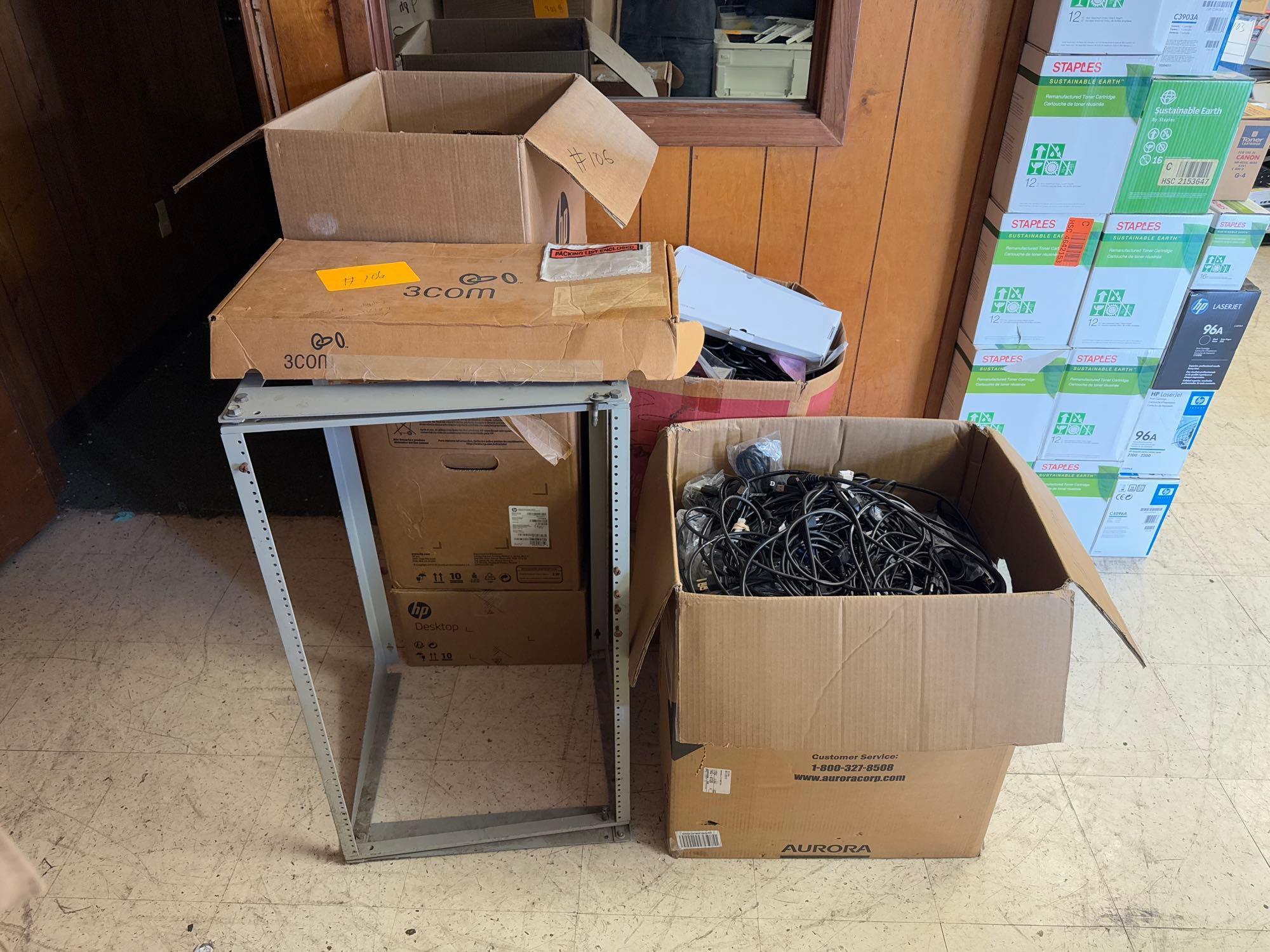 Group of Boxes w/ Laptop Chargers, HDMI Cables, (1) CradlePoint Router, (1) Fujitsu Scanner, etc.