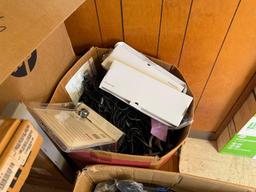 Group of Boxes w/ Laptop Chargers, HDMI Cables, (1) CradlePoint Router, (1) Fujitsu Scanner, etc.