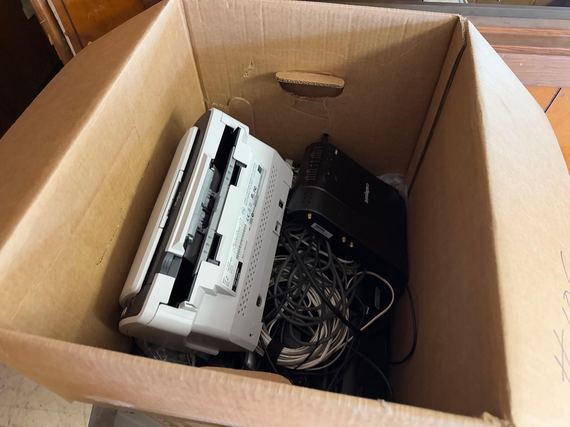 Group of Boxes w/ Laptop Chargers, HDMI Cables, (1) CradlePoint Router, (1) Fujitsu Scanner, etc.