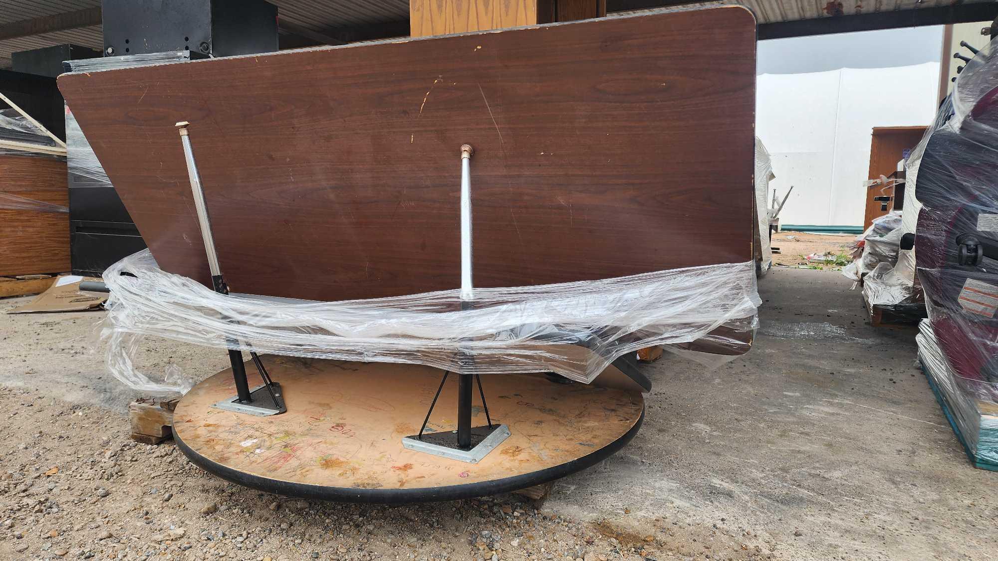 (1) Pallet w/ (3) Wooden Tables, Rolling Chairs