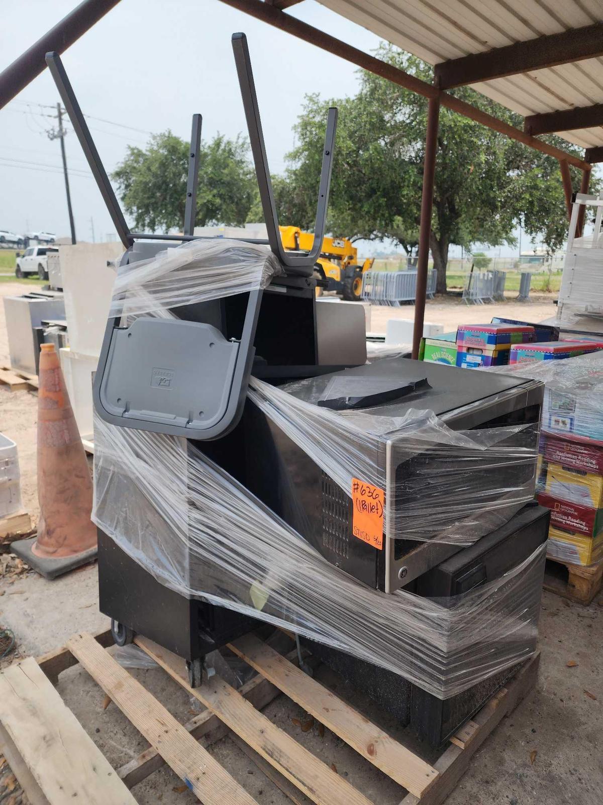 Pallet w/ (1) Cubic Mini Fridge, (1) Microwave, (1) Beige File Desk Organizer, (1) Chair, etc.