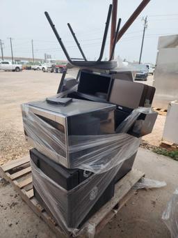 Pallet w/ (1) Cubic Mini Fridge, (1) Microwave, (1) Beige File Desk Organizer, (1) Chair, etc.