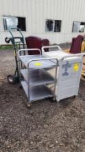 Group of (2) 3-Tier Service Carts, (1) Green Dolly, (1) Leather Executive Office Chair