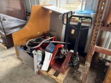 (1) Office Desk, (2) Mighty 5500LBS Pallet Jacks, (1) Box w/ Honeywell Hand Held Computers, etc.