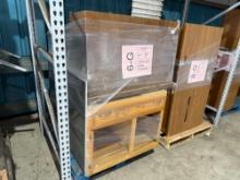 (2) Wooden Cabinets, (2) Desks, (1) Cork Board