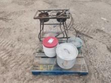 (1) Pallet w/ (2) Burner Outside Stove, (2) Gallon Water Cooler, (2) Cooking Pots