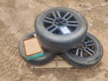 (3) YOKOHAMA Tires w/ Wheels, (1) Box w/ Toyota Wheel Center Caps and Lugnuts on Pallet